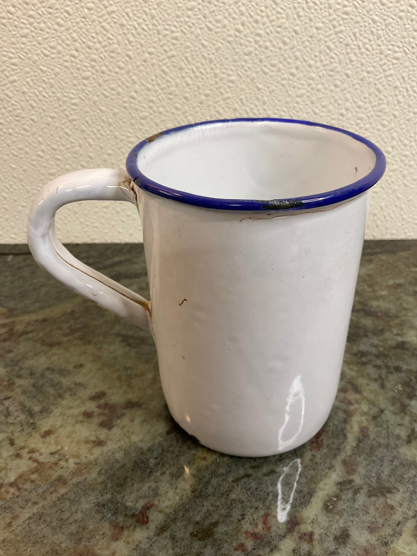 Vtg White Enamel/Blue Rim Coffee Mug
