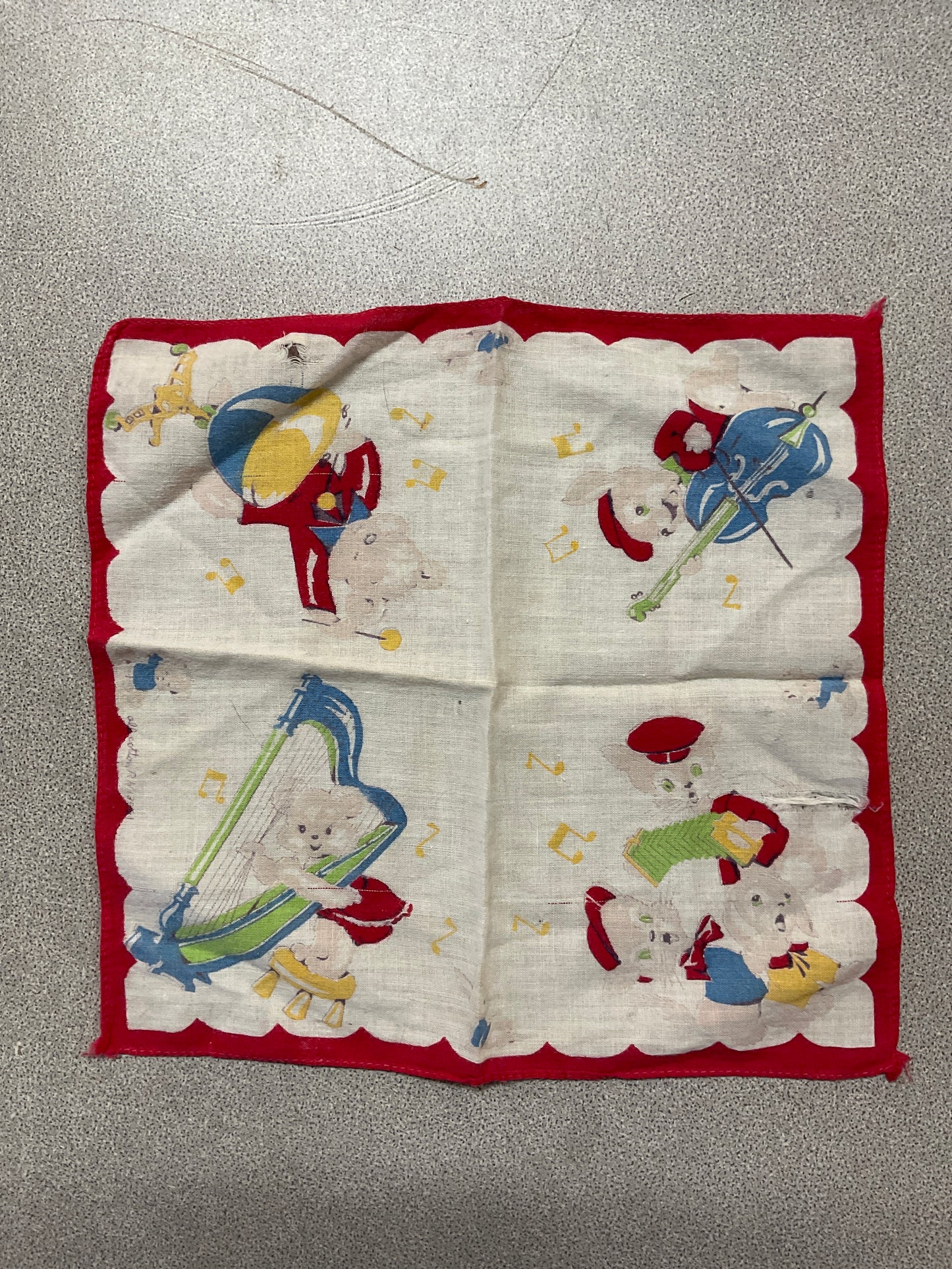 Vtg Child’s Handkerchief w/Animals Playing Instruments