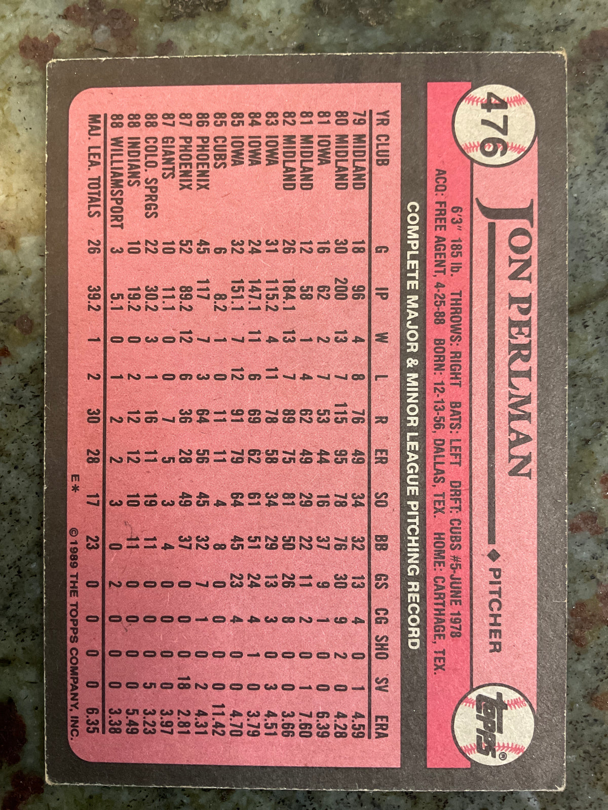 Jon Perlman 1989 Topps Baseball Card