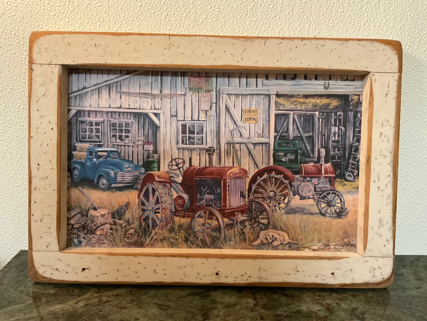 Distressed Framed Picture of Vintage Trucks & Tractors