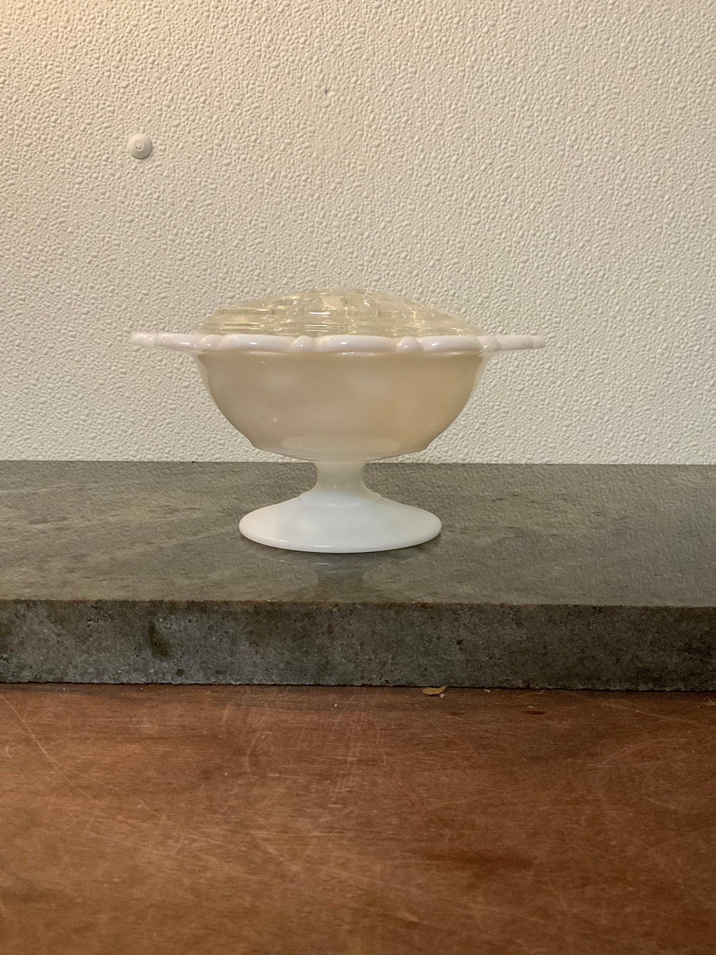 Vintage Anchor Hocking Milk Glass Pedestal Bowl, Old Colony With Glass Flower Frog