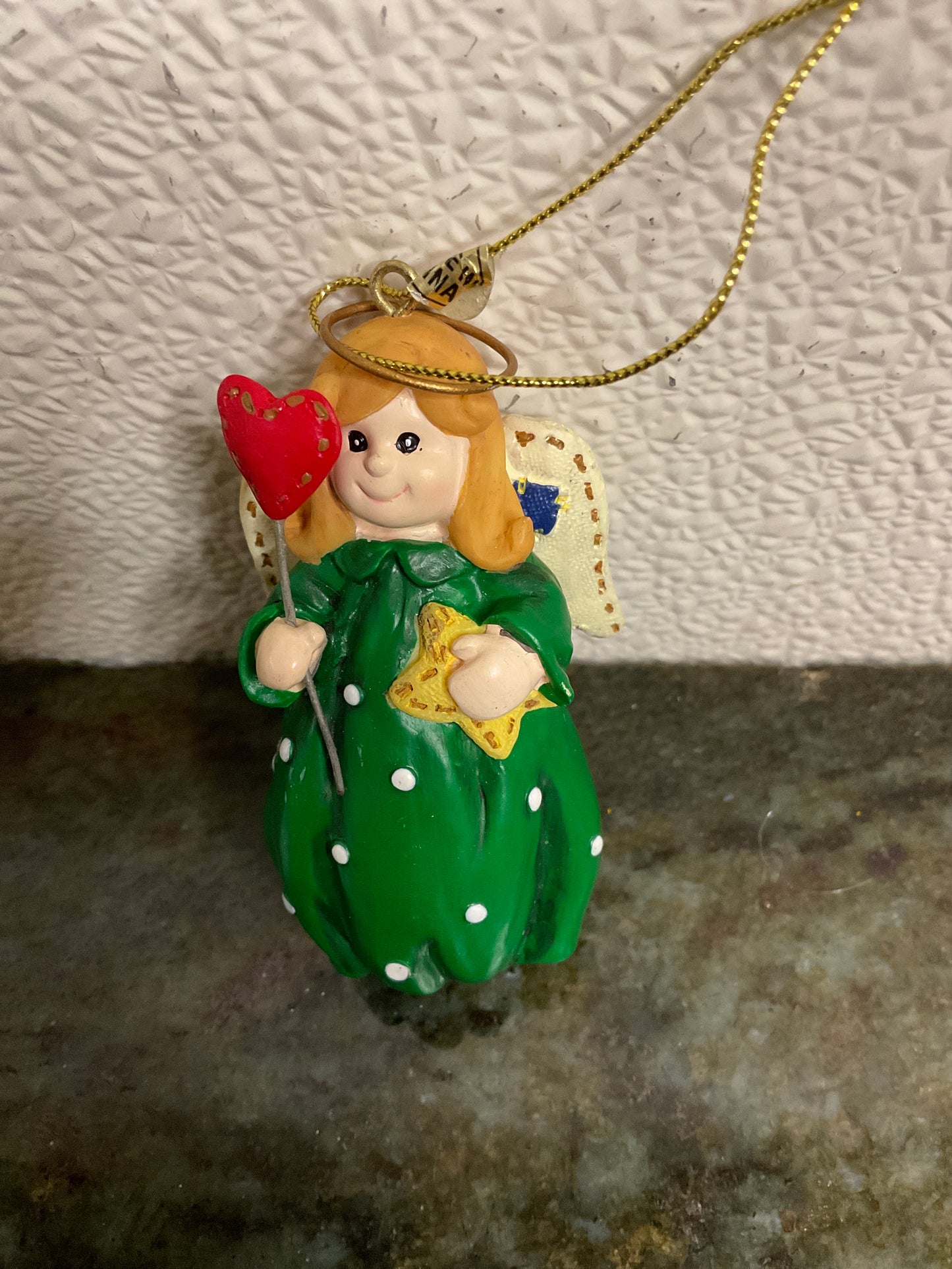 Vintage Christmas Angel Ornament green dress holding heart
