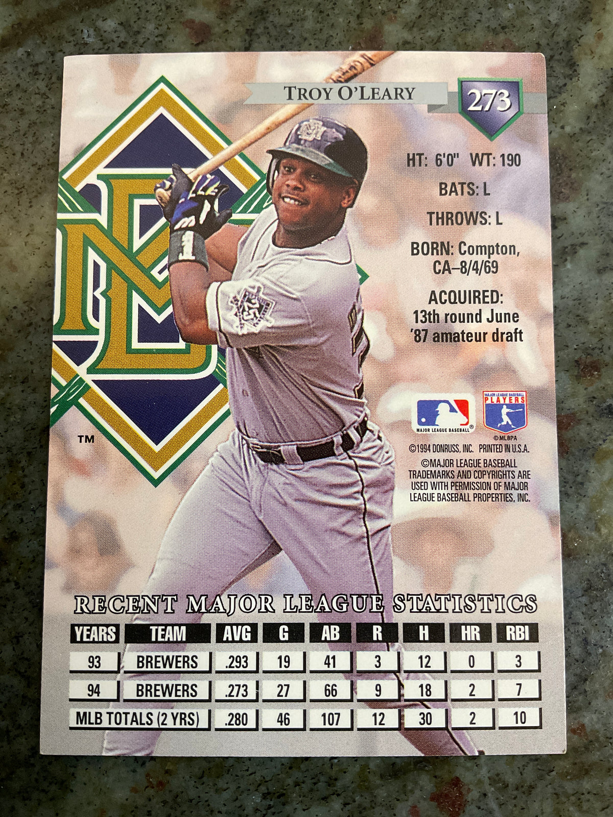 Troy O’Leary 1994 Donruss Baseball Card