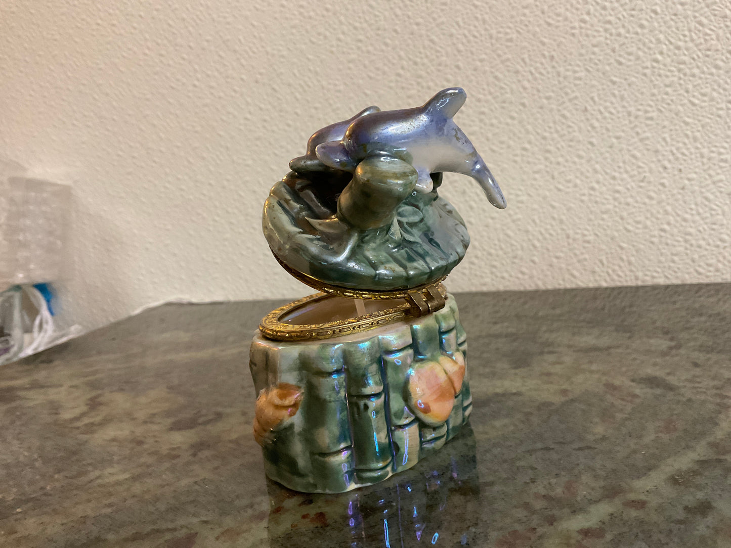 Ceramic Iridescent Dolphins Trinket Box Florida