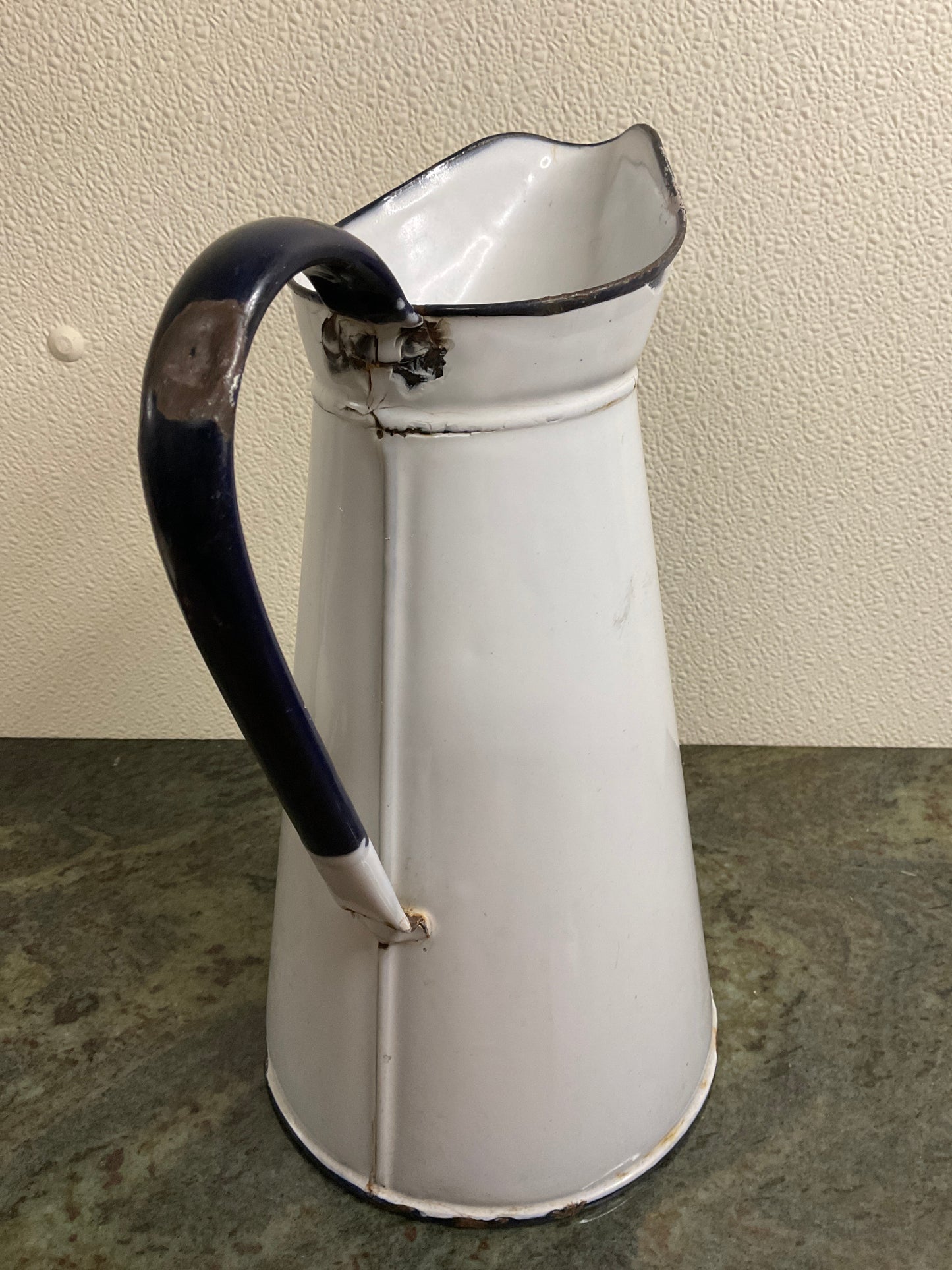 Vintage White Enamel Water Pitcher with Blue Rim