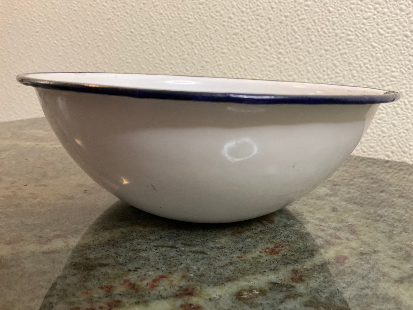 Vtg White Enamel/Blue Rim Small 6” Bowl