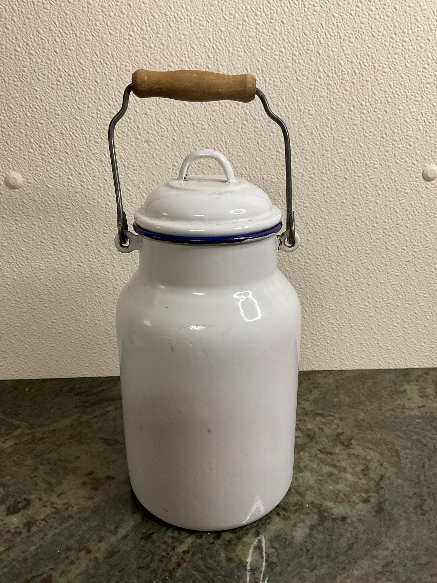 Vintage White & Blue Enamel Milk Can with Wooden Handle