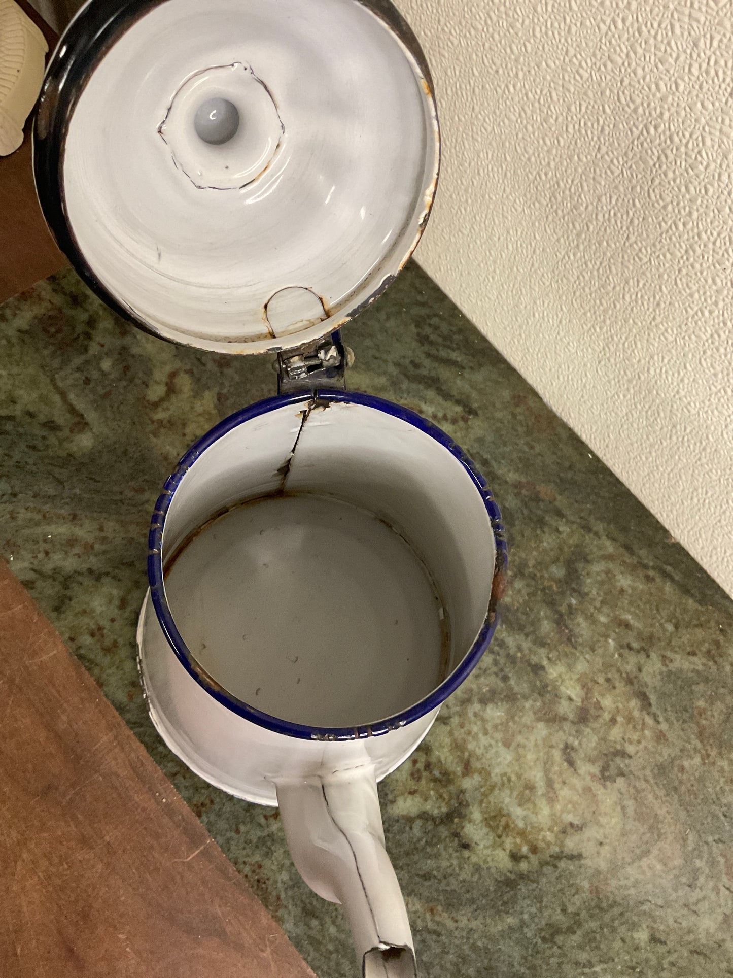 Vintage White Kettle/Pot with Blue Rim & Handle