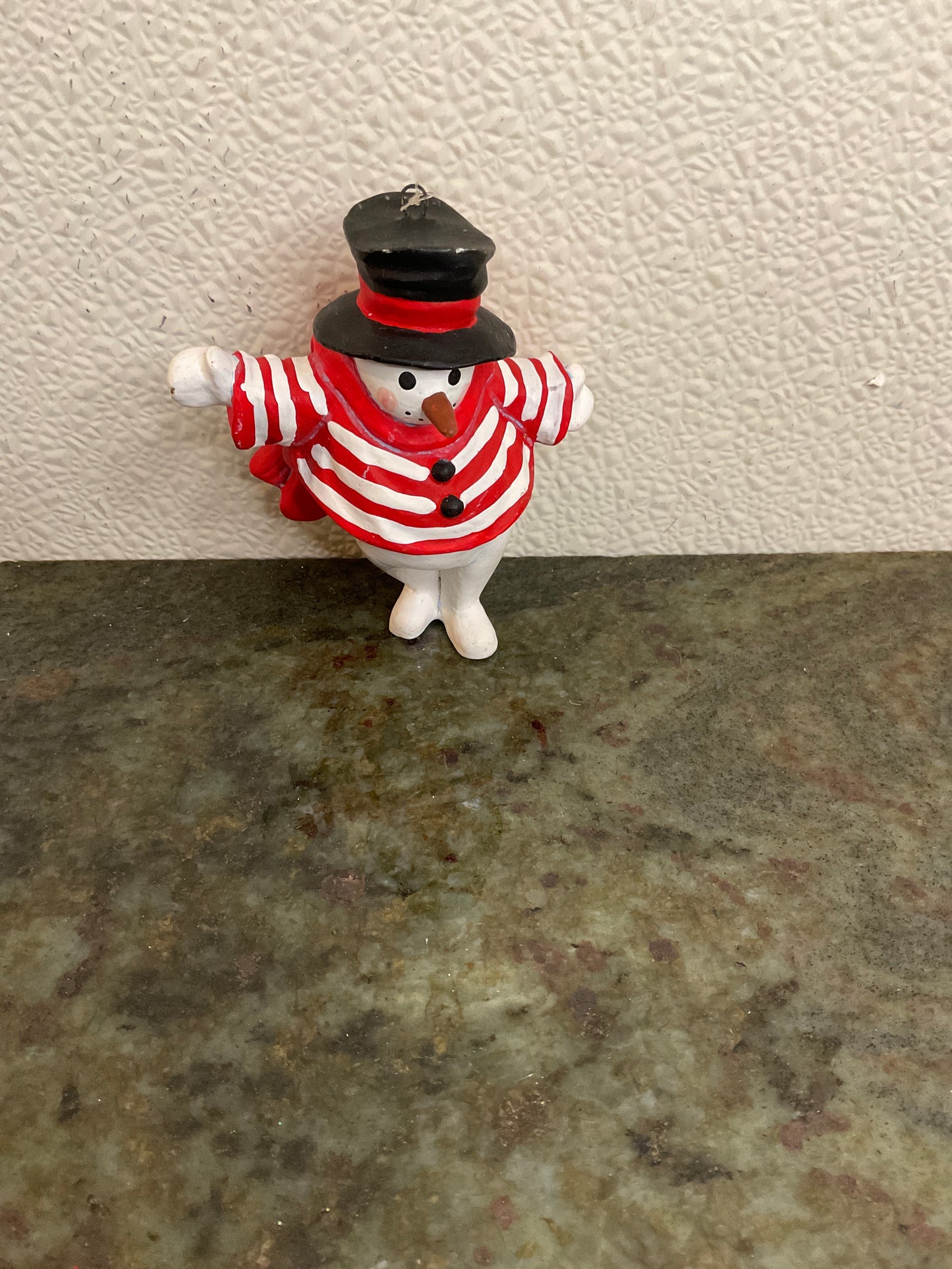 Vintage Snowman ornament with Red and white striped sweater