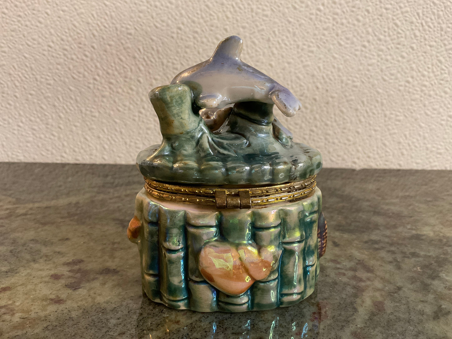 Ceramic Iridescent Dolphins Trinket Box Florida