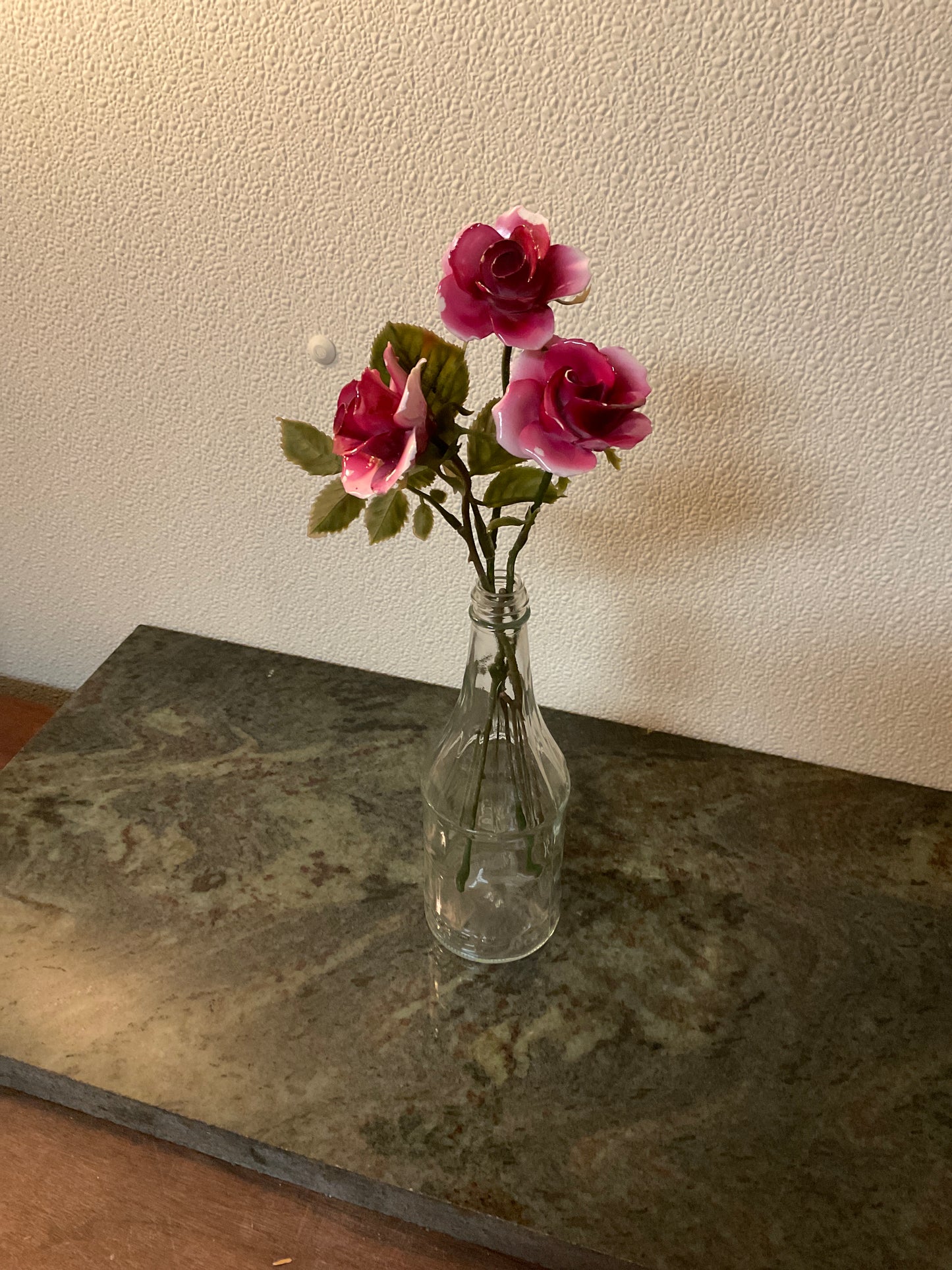 Three Hand Painted Glass Roses In clear Bottle