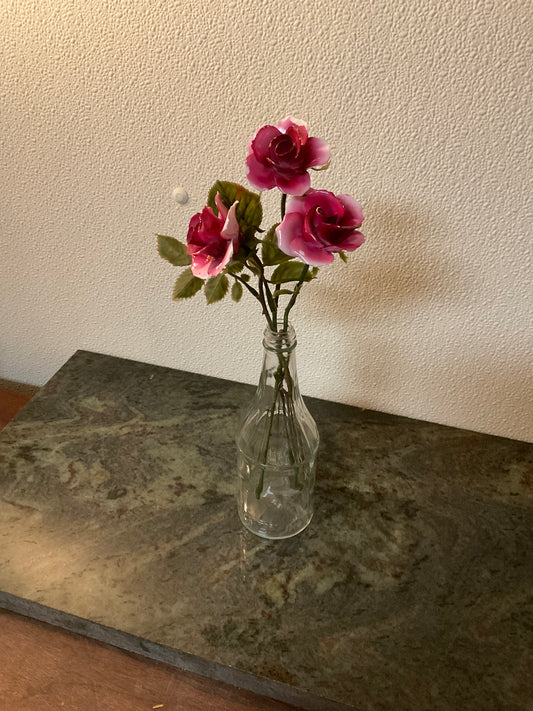 Three Hand Painted Glass Roses In clear Bottle