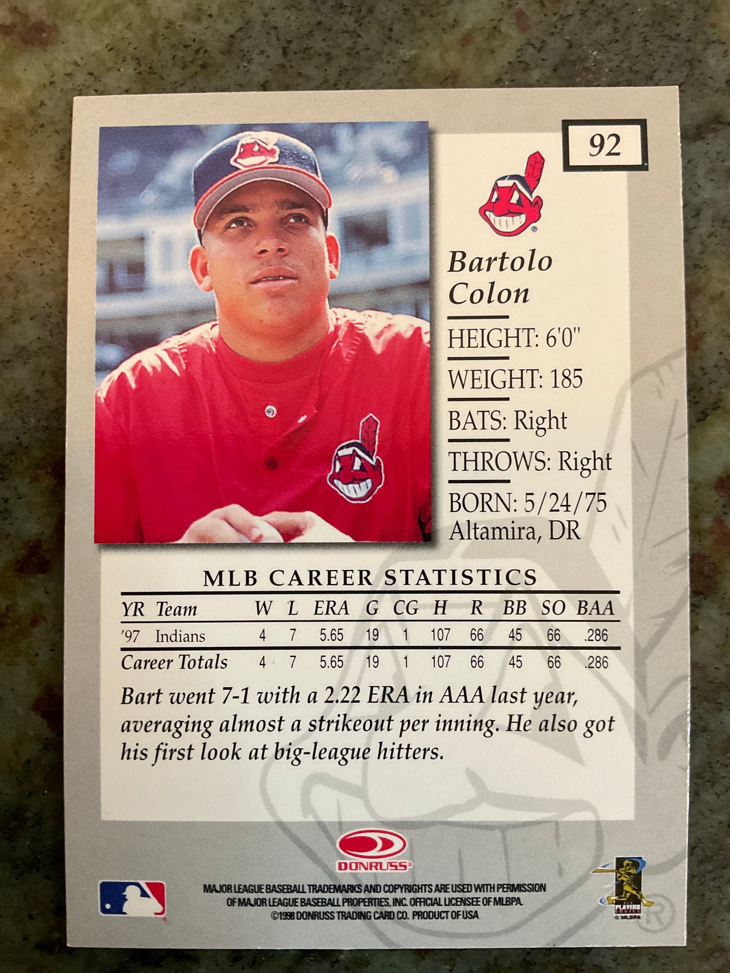 1998 Donruss Elite Bartolo Colon Baseball Card