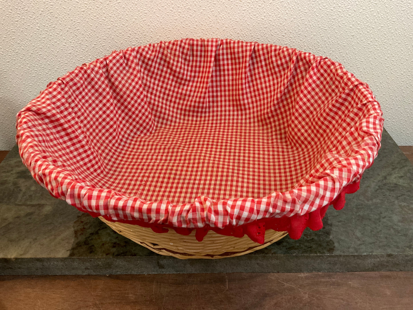 14.5” x 5” Round Wicker Basket w/Red Checked Lining