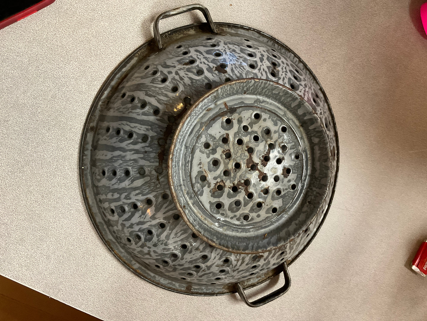 Mottled Grey Graniteware Colander