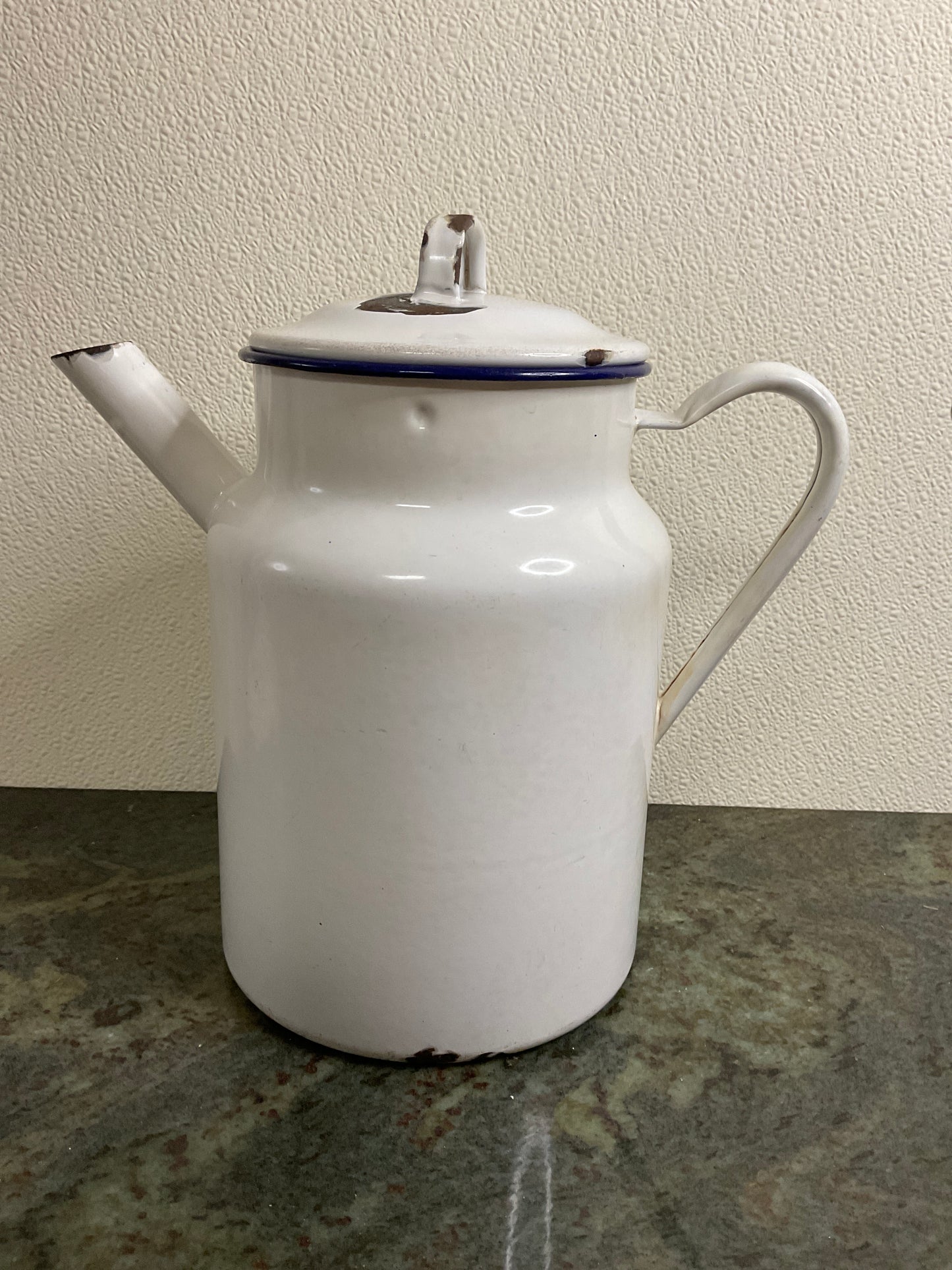 Antique White Enamel Coffee Pot/Tea Kettle with Blue Rim