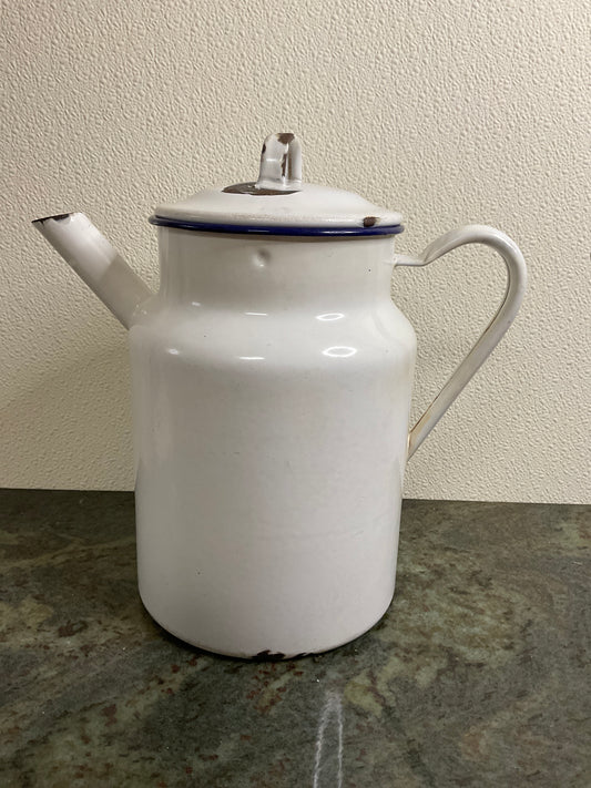 Antique White Enamel Coffee Pot/Tea Kettle with Blue Rim