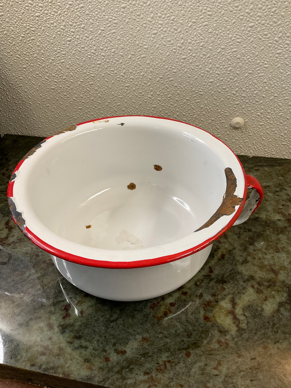 Vintage Red & White Small Enamel Bowl w/ Handle