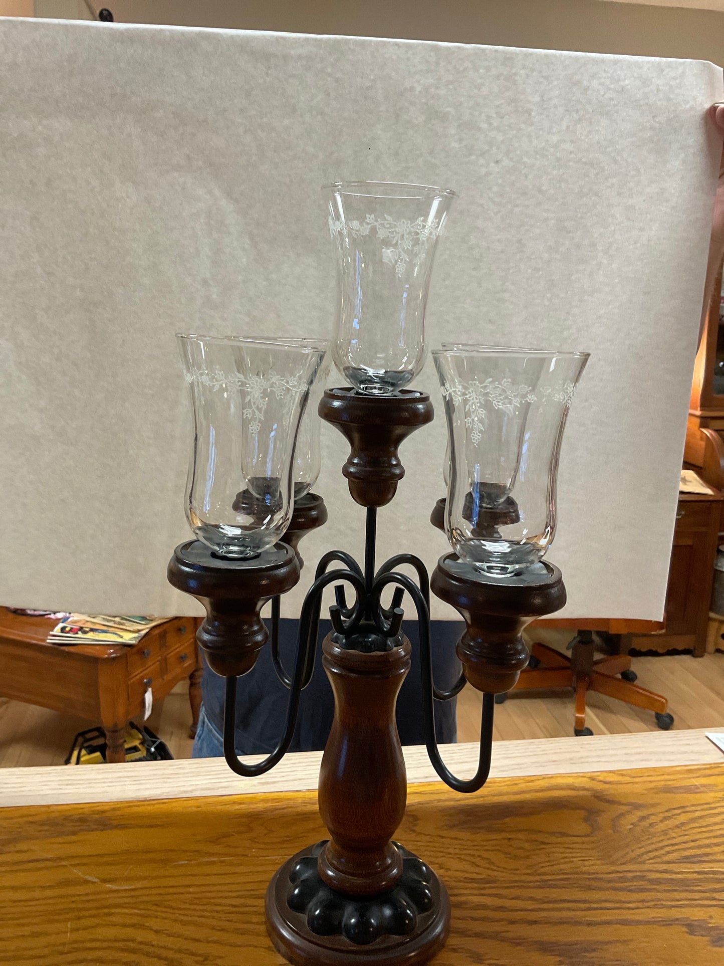 Wooden Candelabra With Vintage Votive Clear Glass Tealight Candle Holder