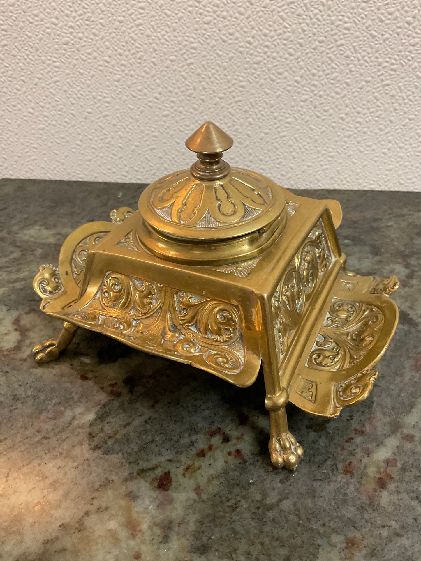 Vtg Brass Ink Well w/Glass Ink Bottle