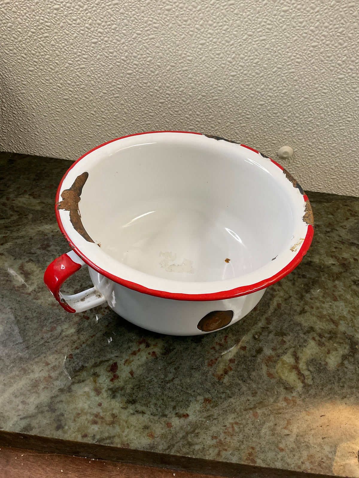 Vintage Red & White Small Enamel Bowl w/ Handle
