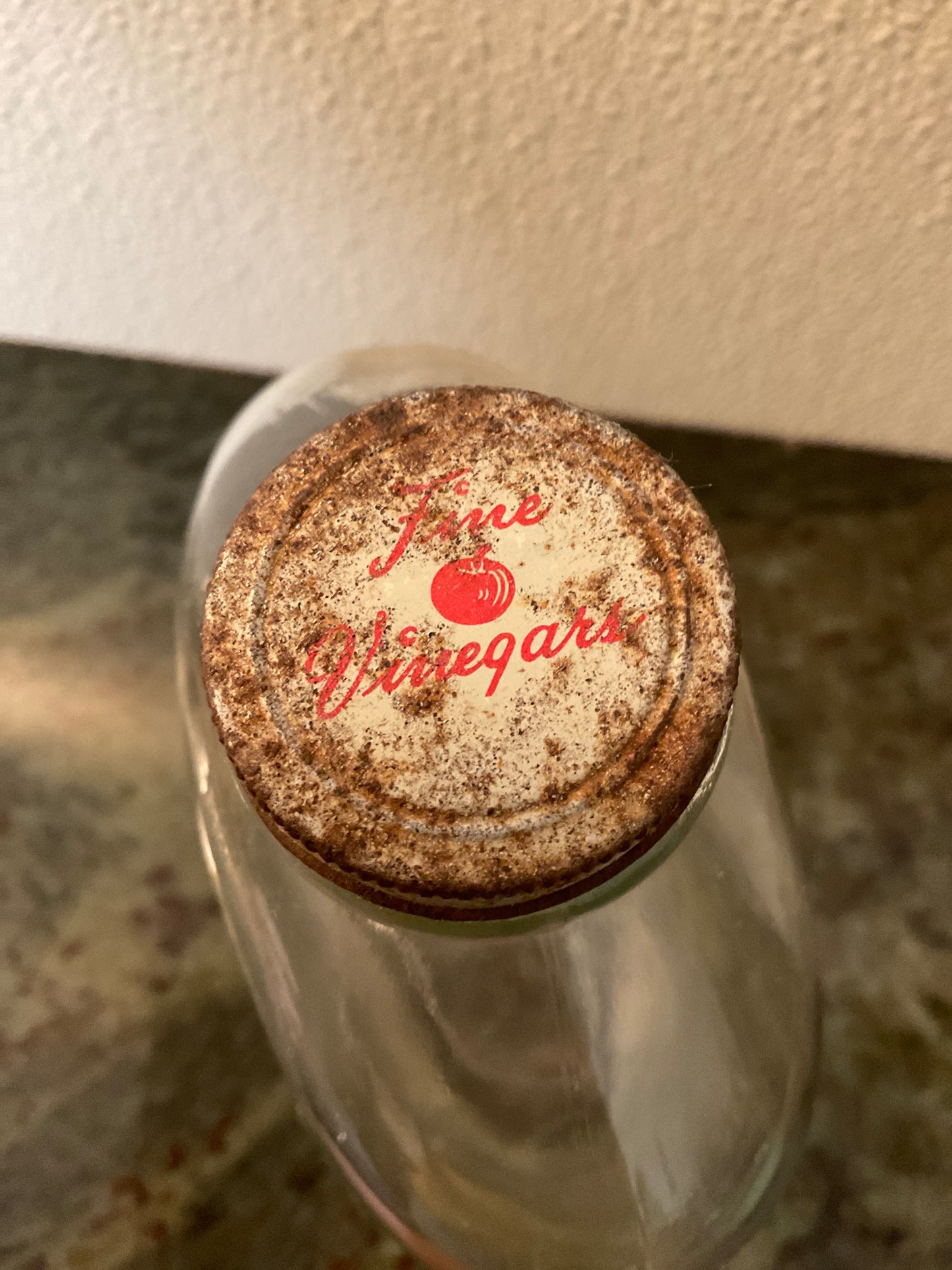 Vintage ‘Fine Vinegar’ Glass Embossed Bottle with metal Cap
