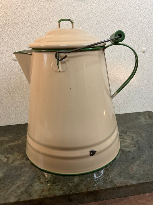 Vtg Cream & Green Enamel Kettle Pot