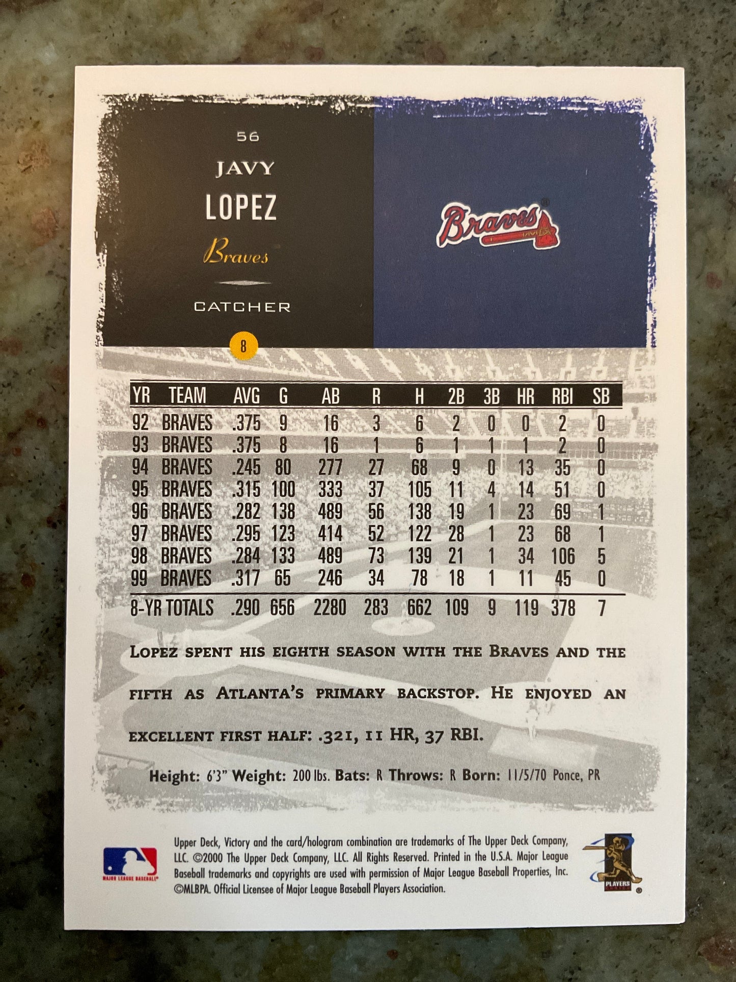 2000 Upper Deck Victory Javy Lopez Baseball Card