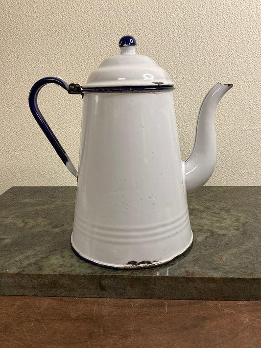 Vintage White Kettle/Pot with Blue Rim & Handle