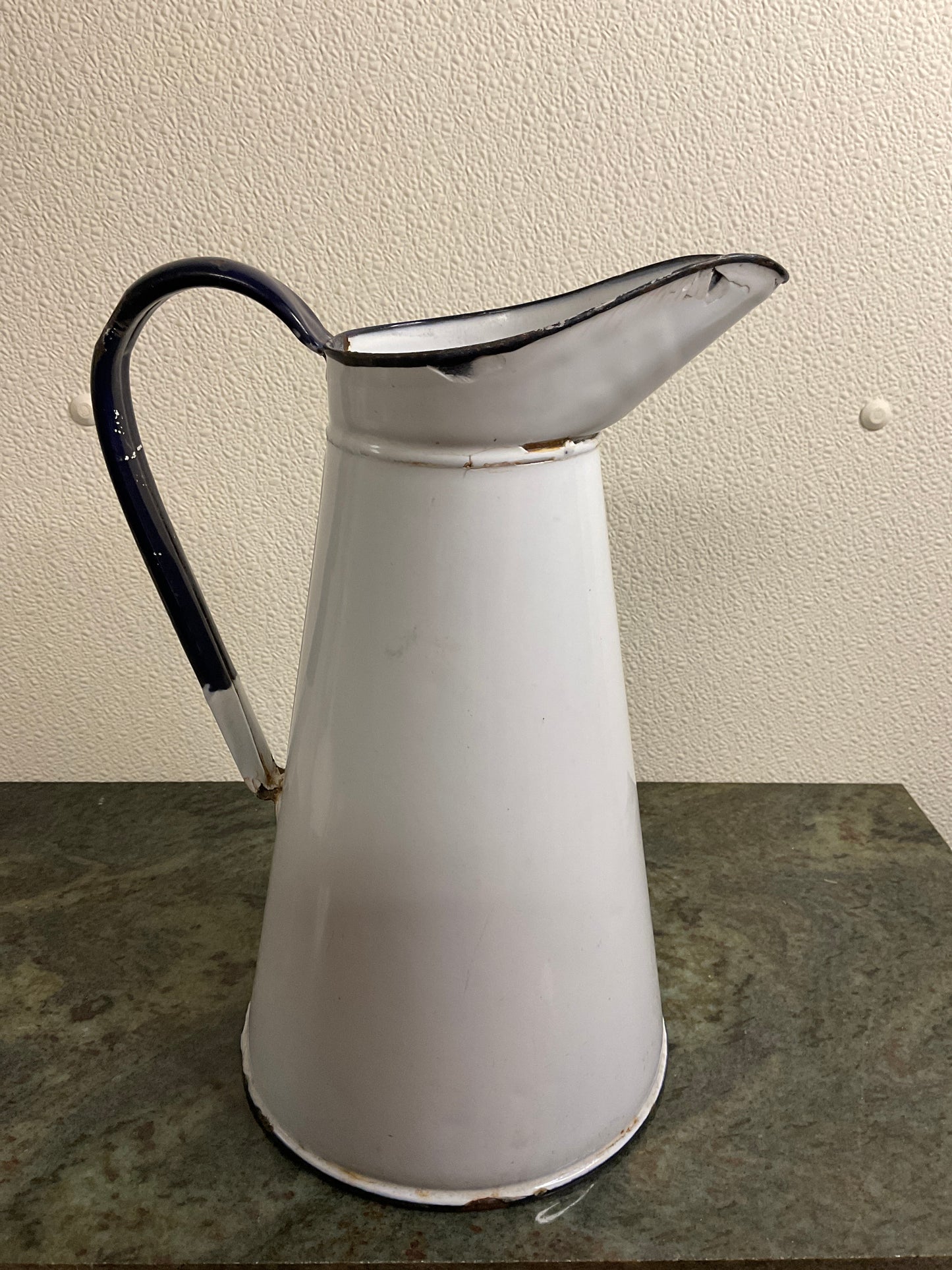 Vintage White Enamel Water Pitcher with Blue Rim