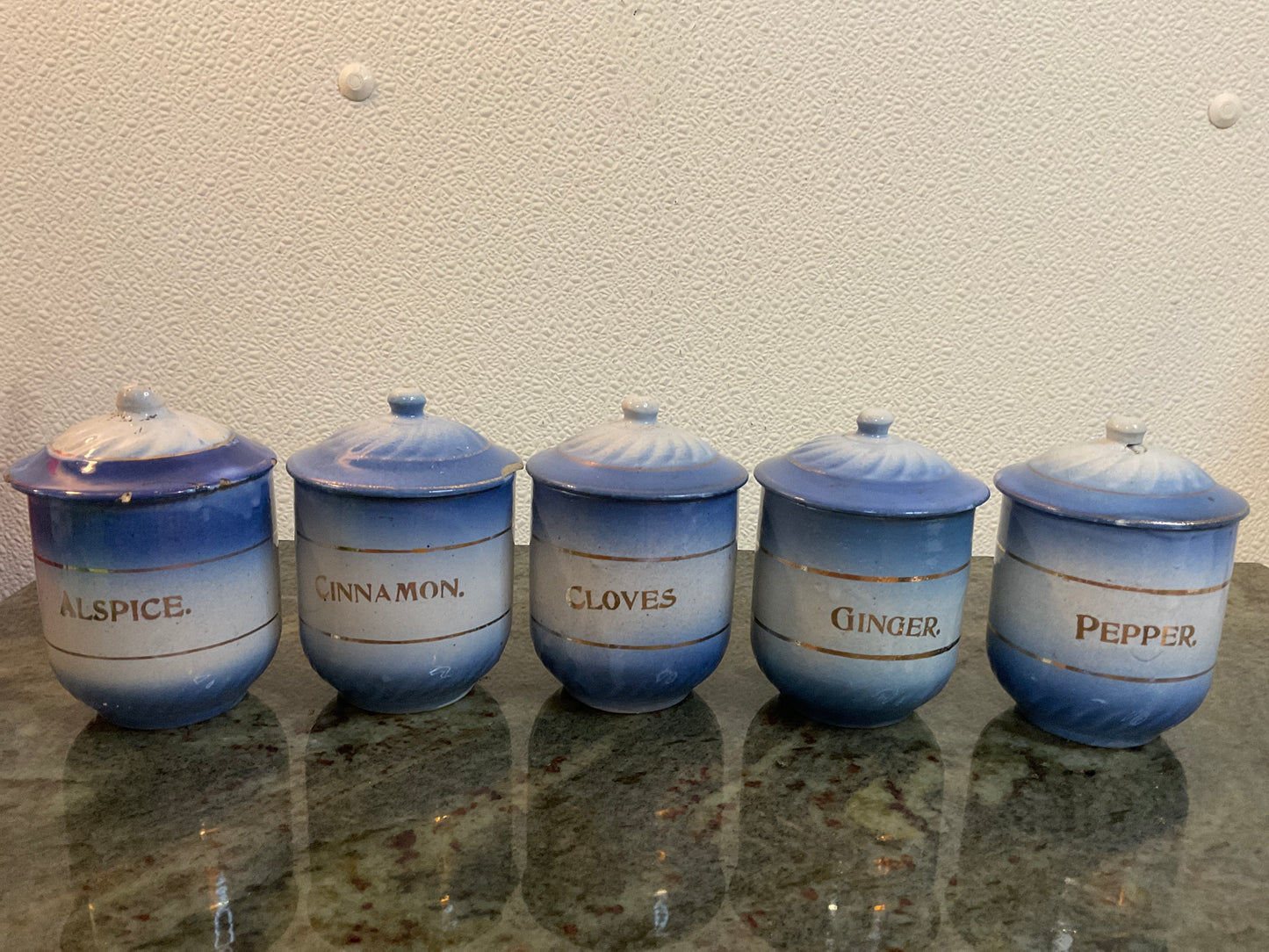 5 Piece Diffused Blue Stoneware Spice Jar Set