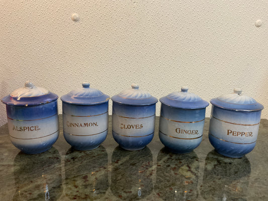 5 Piece Diffused Blue Stoneware Spice Jar Set