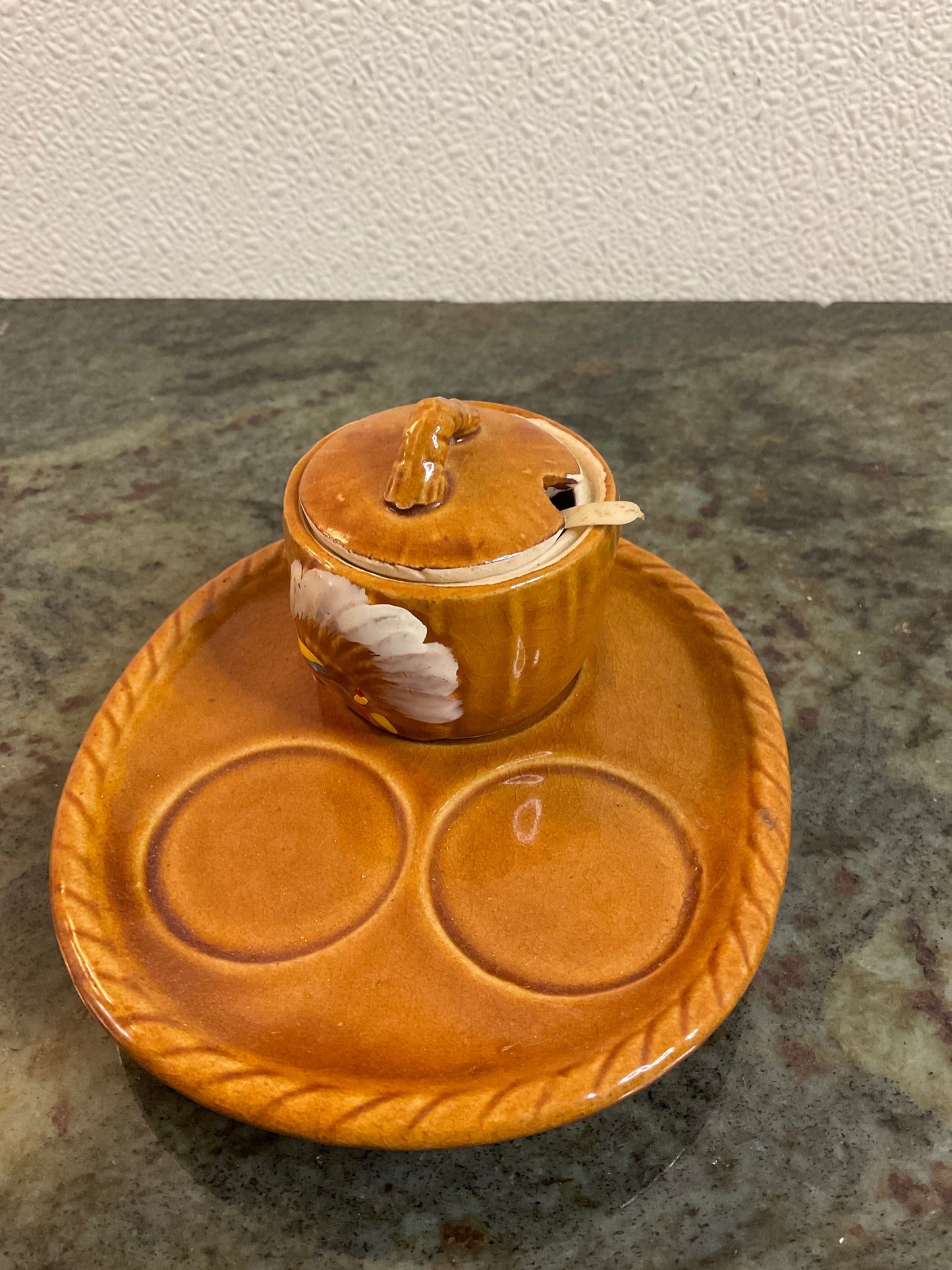 Vintage Ceramic Souvenir Condiment Pot and Tray Set