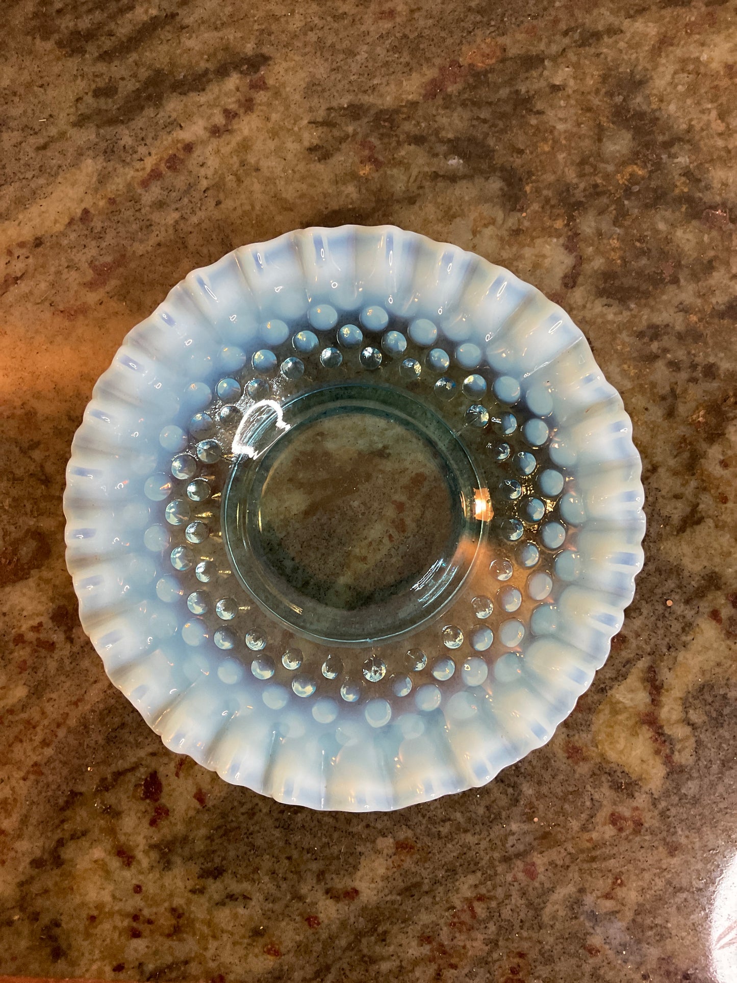 Vintage Fenton Blue Hobnail Opalescent Ruffled Dish