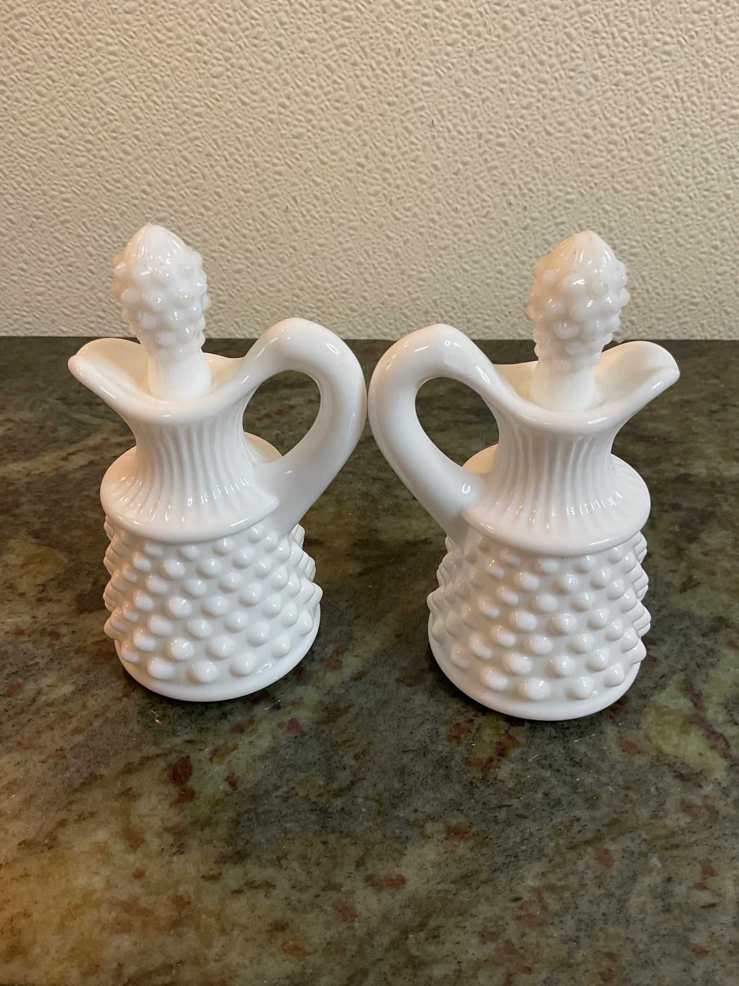 Fenton White Milk Glass Hobnail Oil Vinegar Cruet Set