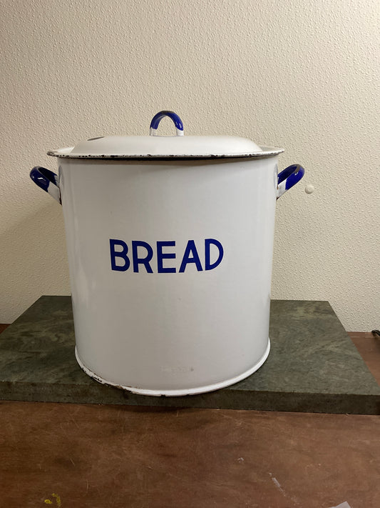 Vintage White Enamel Bread Pot with Blue Rim