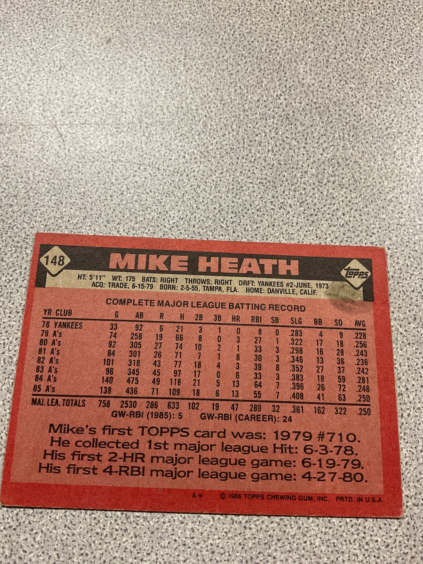 Baseball Card Mike Heath