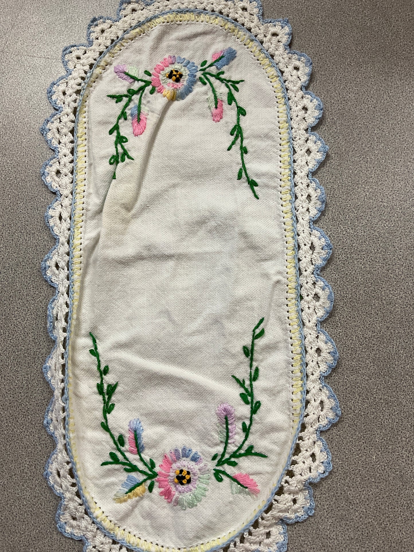 Vintage Embroidered Floral Oblong Doily