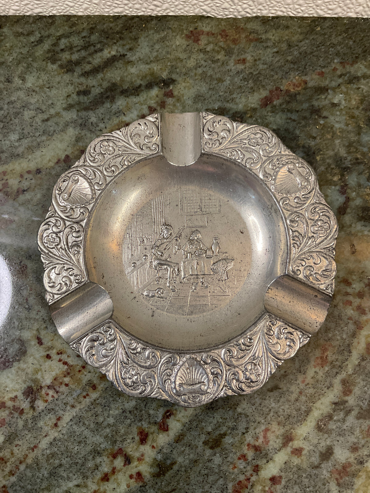 European Repousse Metal Ashtray/Silver Plate