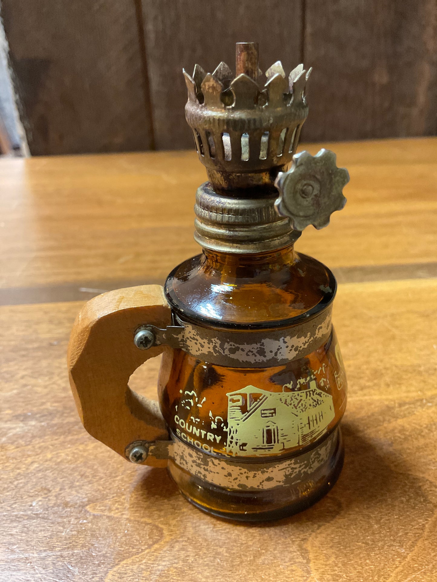 Vtg Mini Amber Oil Lamp w/Pioneer Village Scene. No chimney.