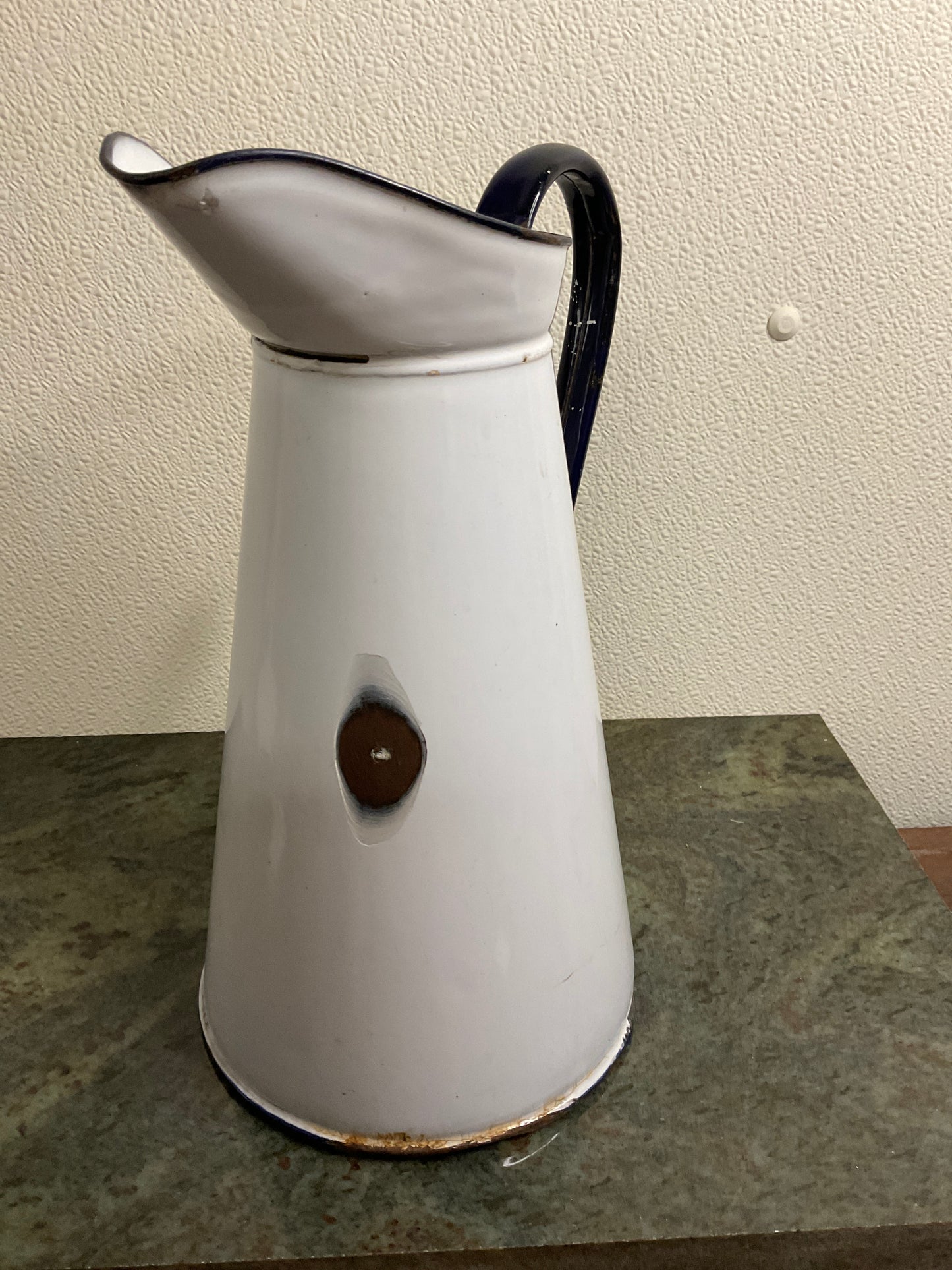 Vintage White Enamel Water Pitcher with Blue Rim