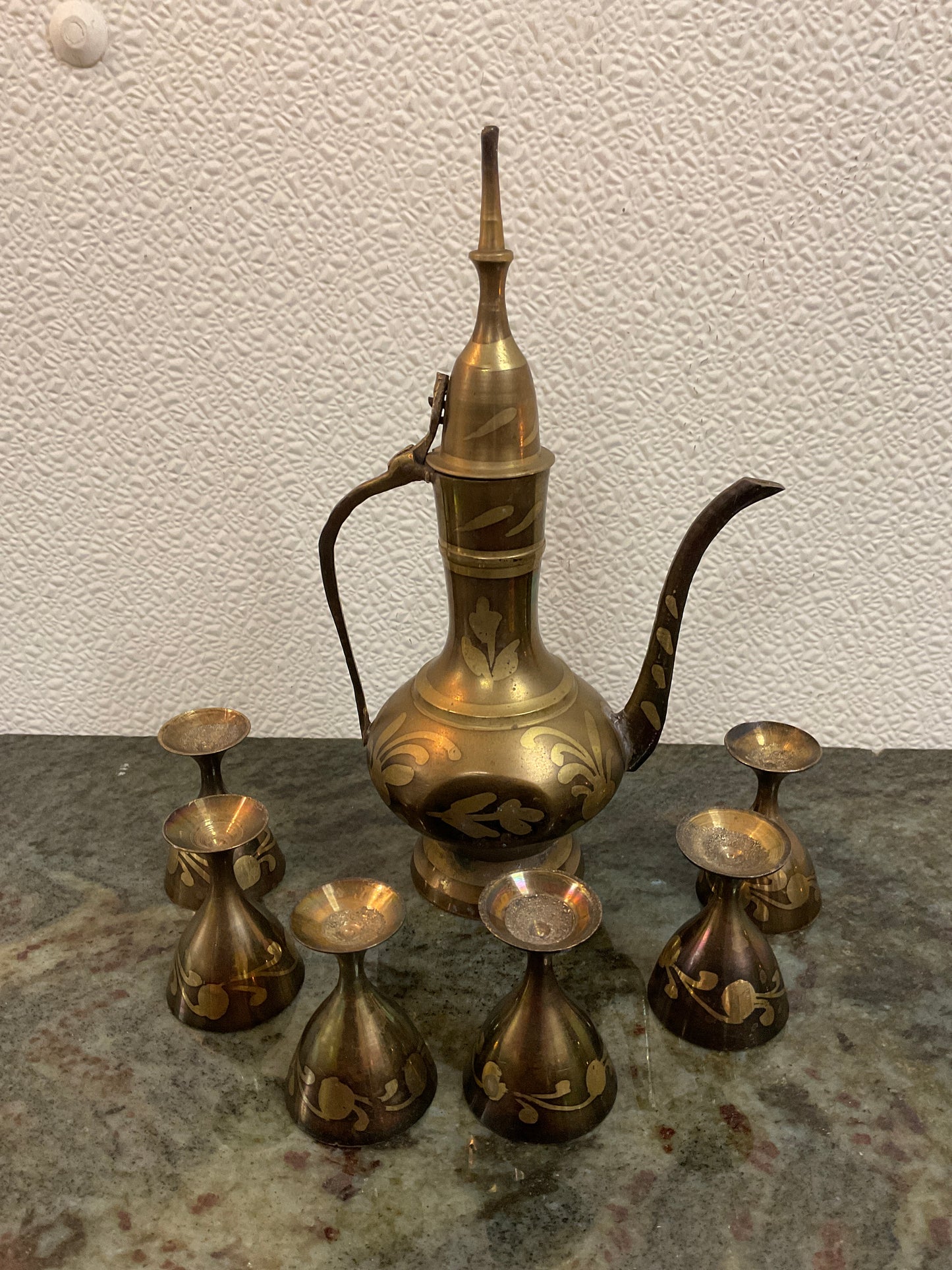 Vtg Mini Turkish Brass Teapot & 6 Cups/Goblets