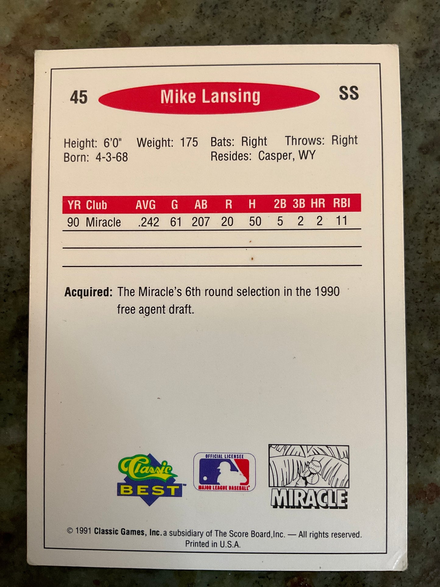 1991 Classic Best Mike Lansing Baseball Card