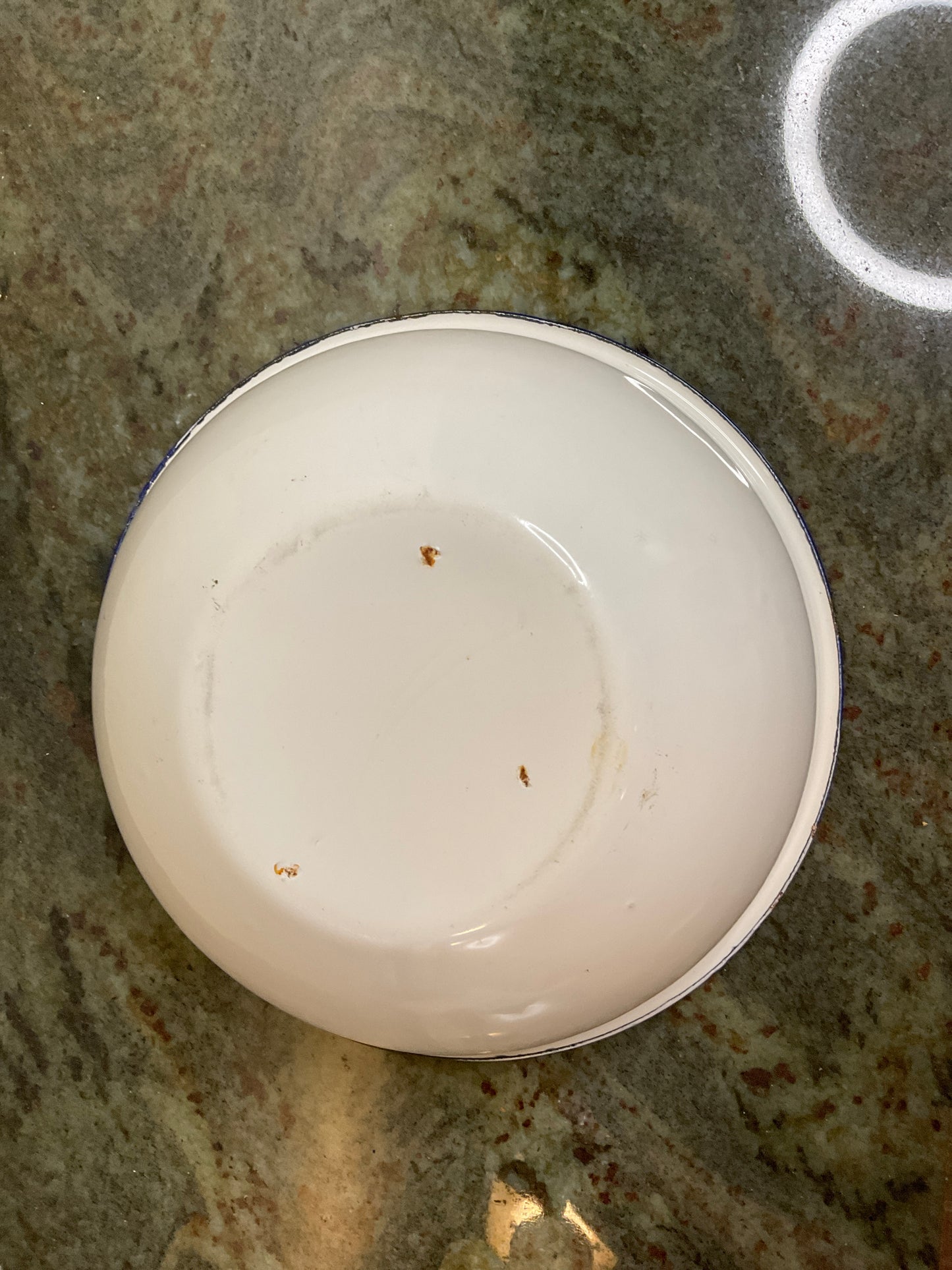 Vtg White Enamel/Blue Rim 8.5” Bowl