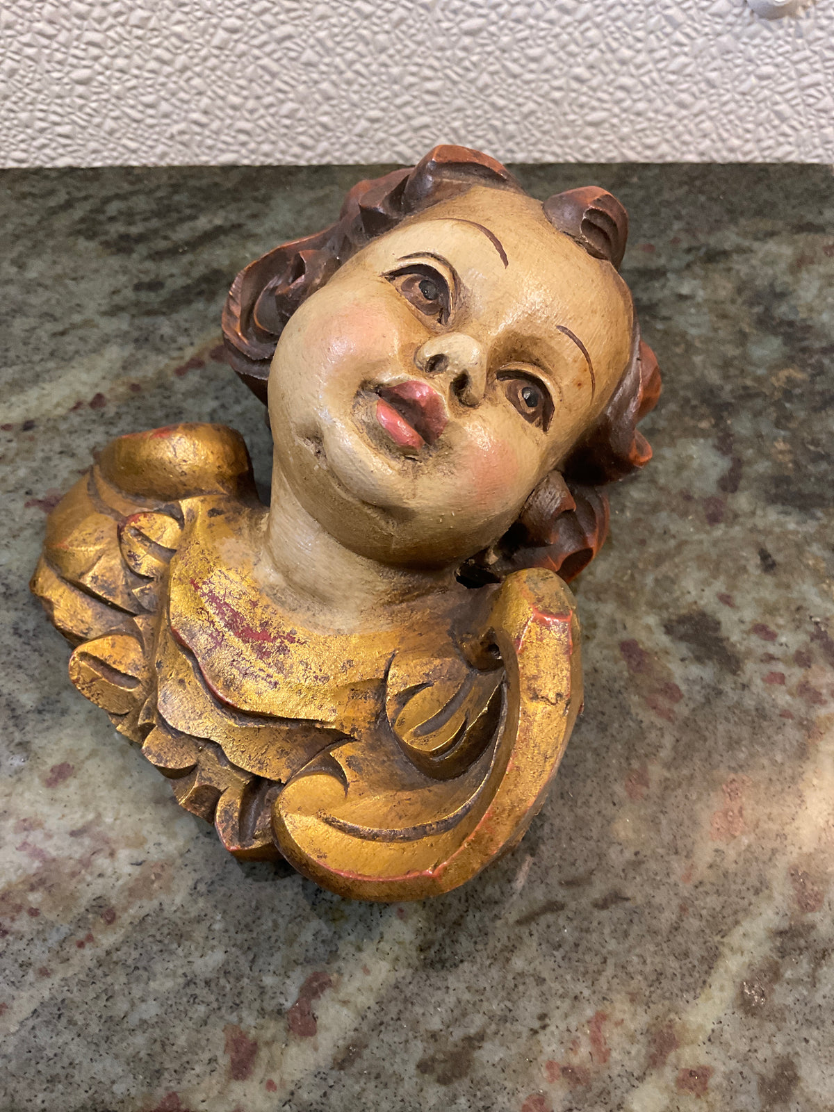 Hand Carved and Painted Wooden  Cherub Angel Head