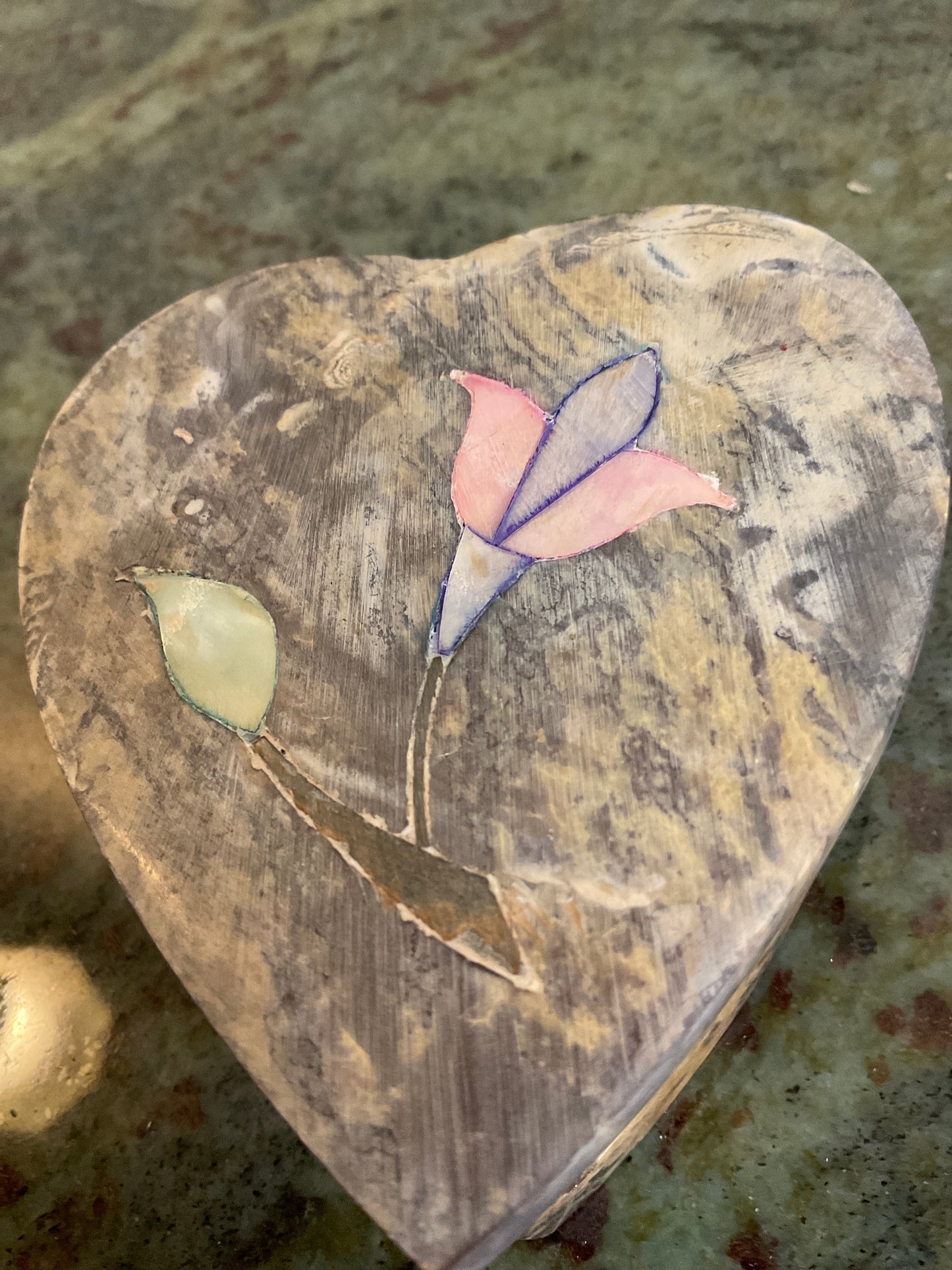 Heart Soapstone Box/Mother Of Pearl Inlay