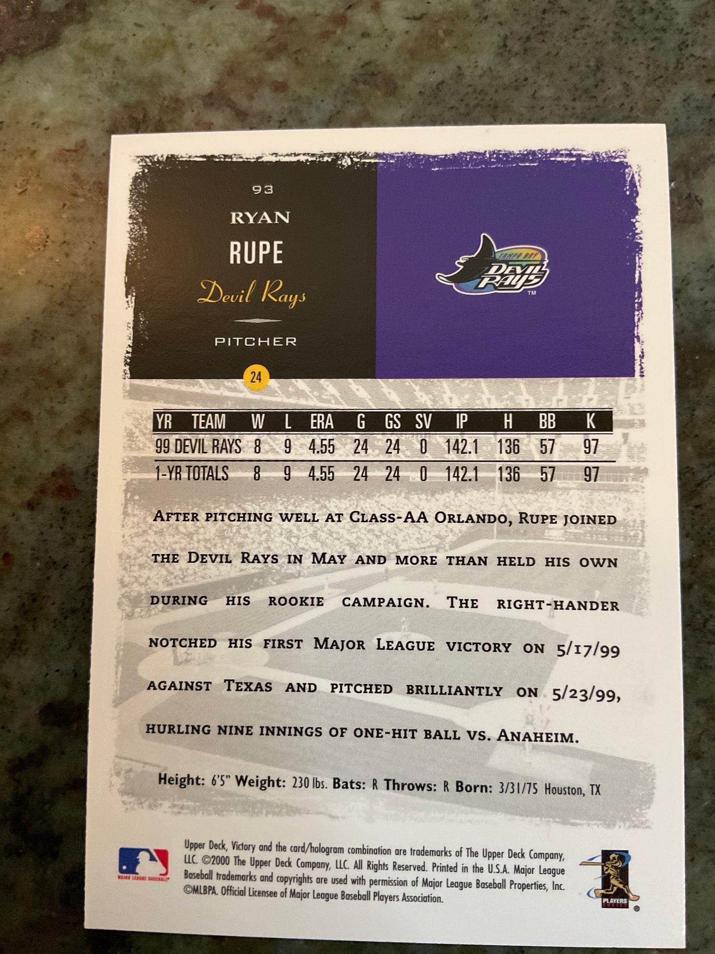 2000 Upper Deck Victory Ryan Rupe Baseball Card