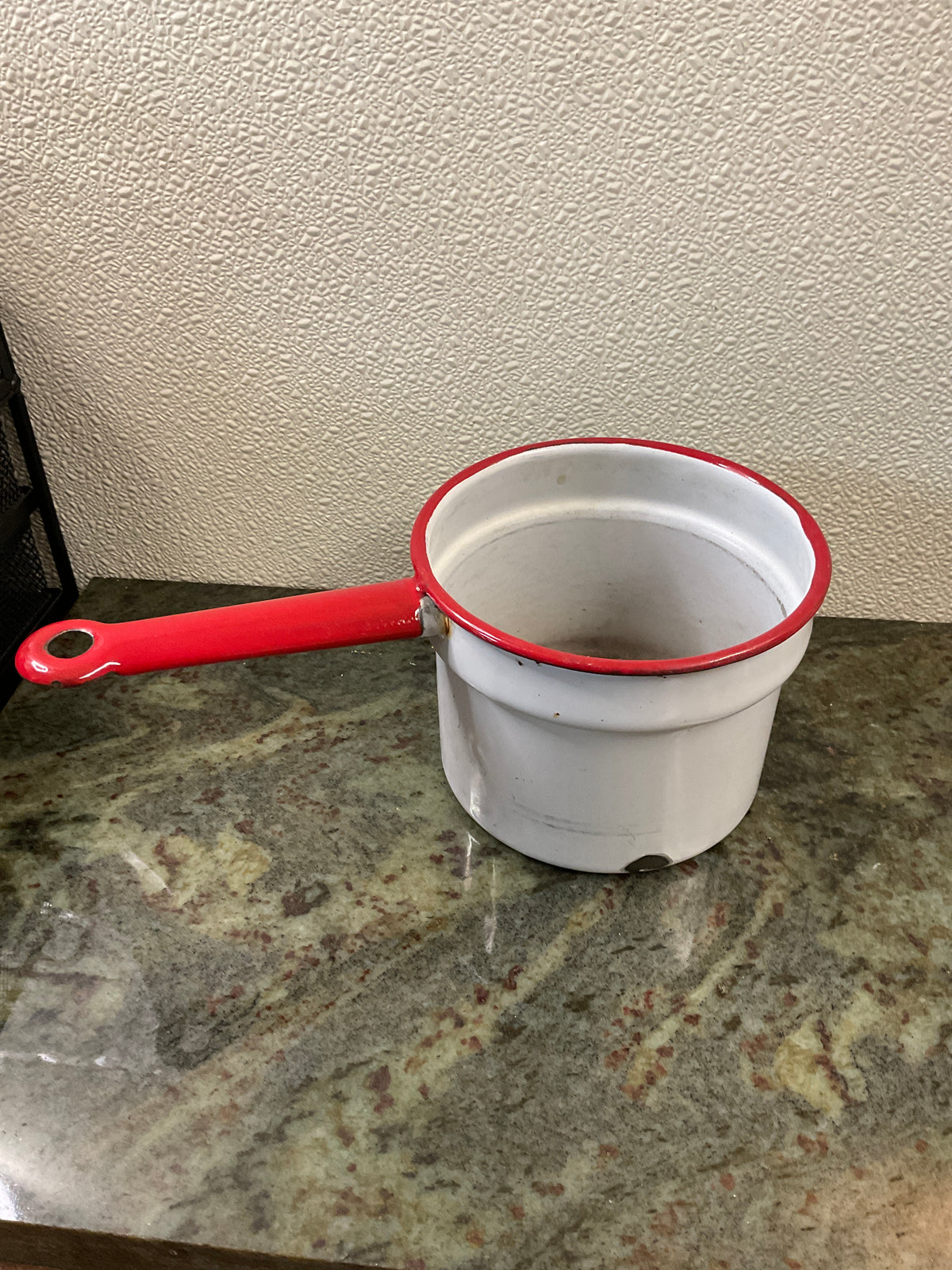 Vintage Red & White Enamel Sauce Pot