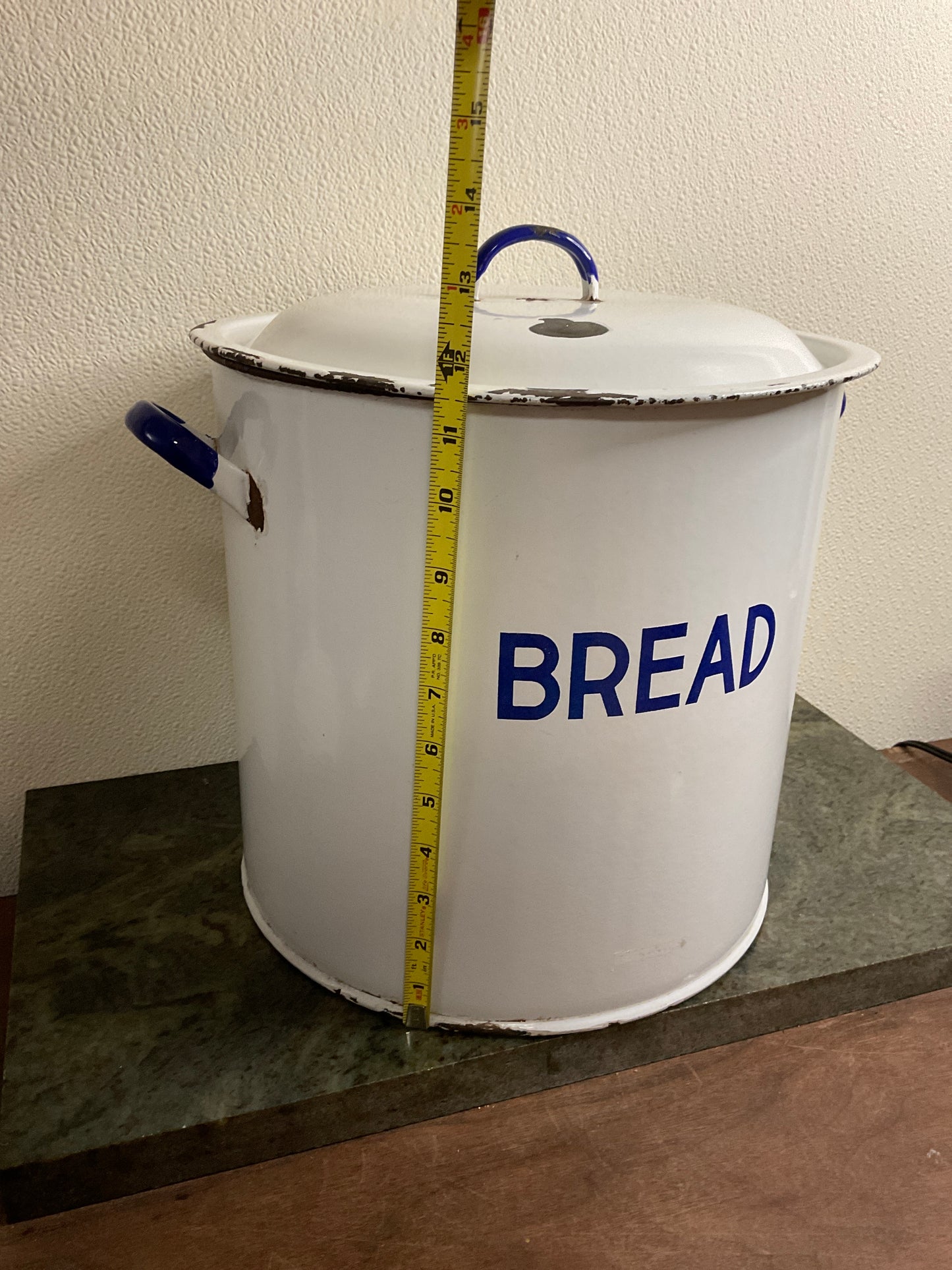 Vintage White Enamel Bread Pot with Blue Rim