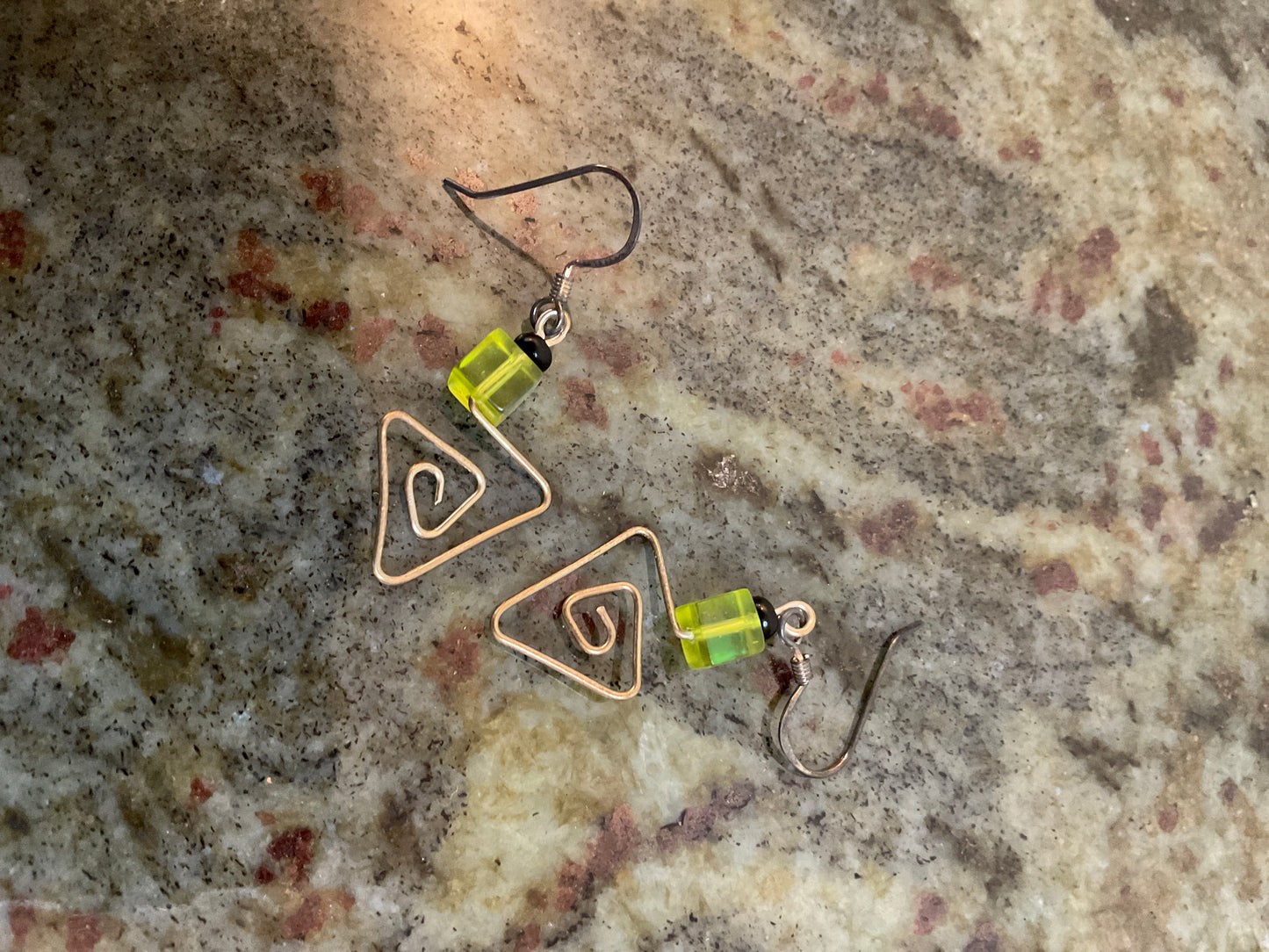 Brass Wire/Iridescent Bead Drop Earrings